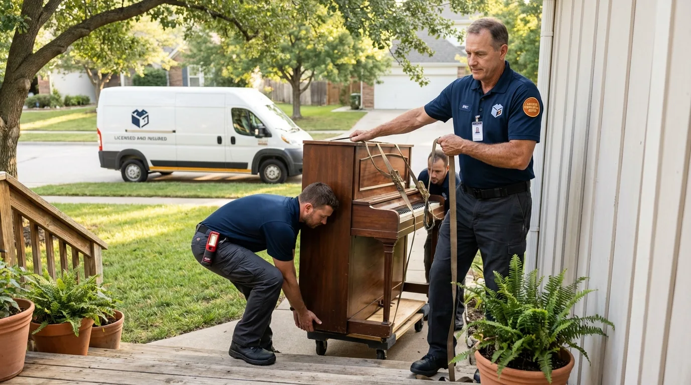 Licensed piano movers securing grand piano in Berrien Springs, MI