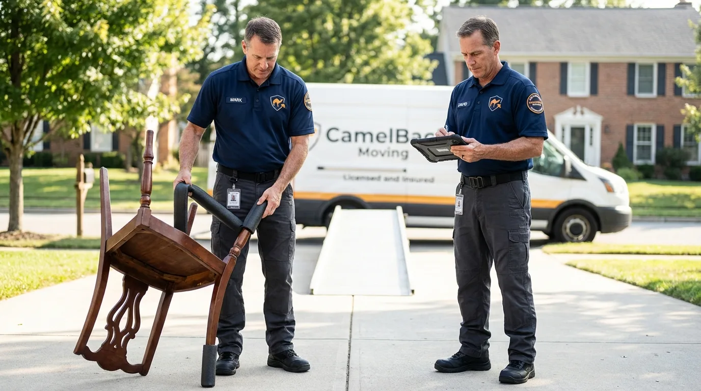 Movers inspecting furniture for damage prevention before loading in Berrien Springs, MI