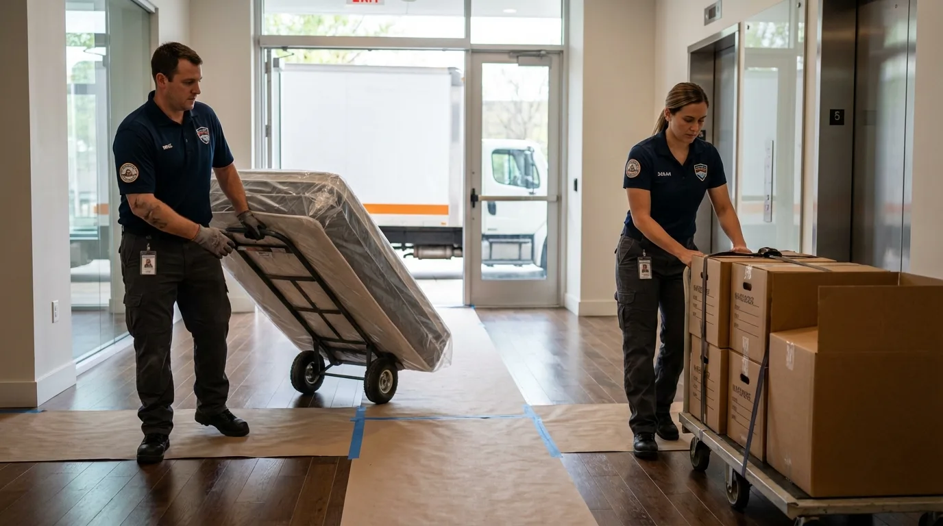 Professional apartment movers loading elevator in Berrien Springs, MI