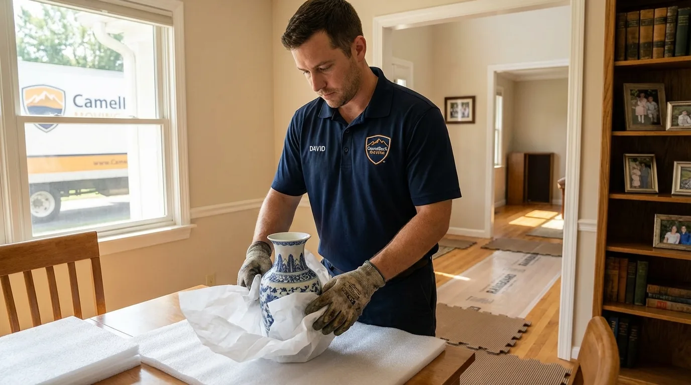 Professional crew carefully wrapping antique vase for senior downsizing move in Berrien Springs, MI